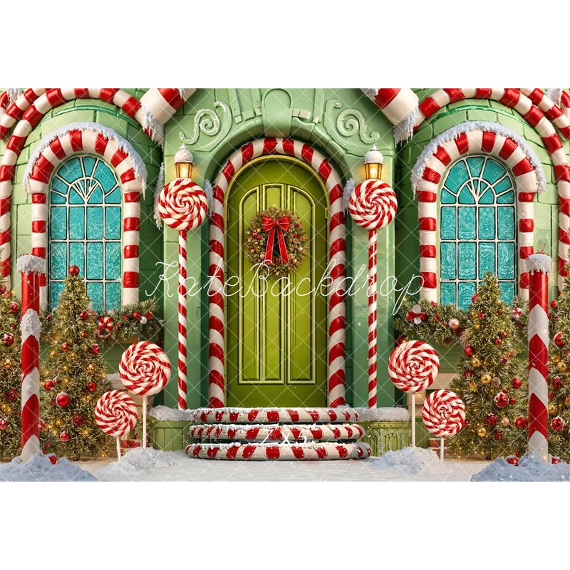 Kate Christmas Candy Cane House Green Door Lollipop Snow Backdrop Designed by Emetselch Microfiber (Printed) 7x5ft - small kids sitting / cake smash