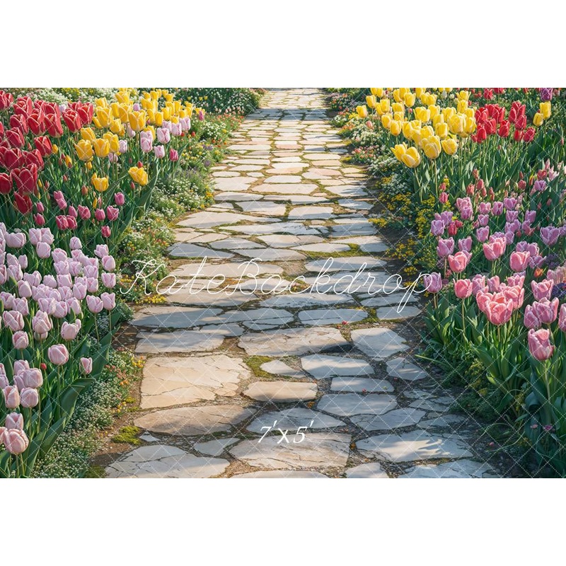 Kate Spring Tulip Garden Path Floor Backdrop Designed by Emetselch Microfiber (Printed) 7x5ft(2.2x1.5m)
