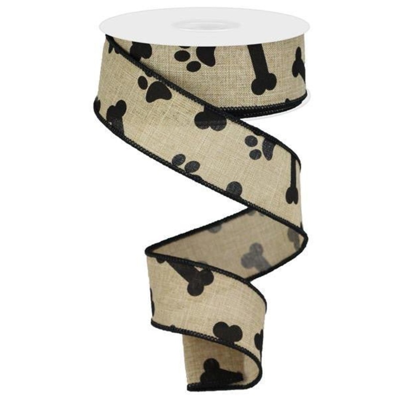 1.5" Paw Print Bone Ribbon: Lt Beige/Black - 10yds