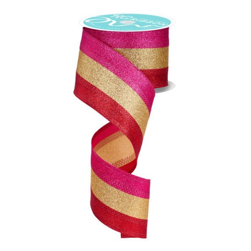 2.5" Shimmer Glitter Tri-Stripe Ribbon: Red/Gold/Hot Pink - 10yds