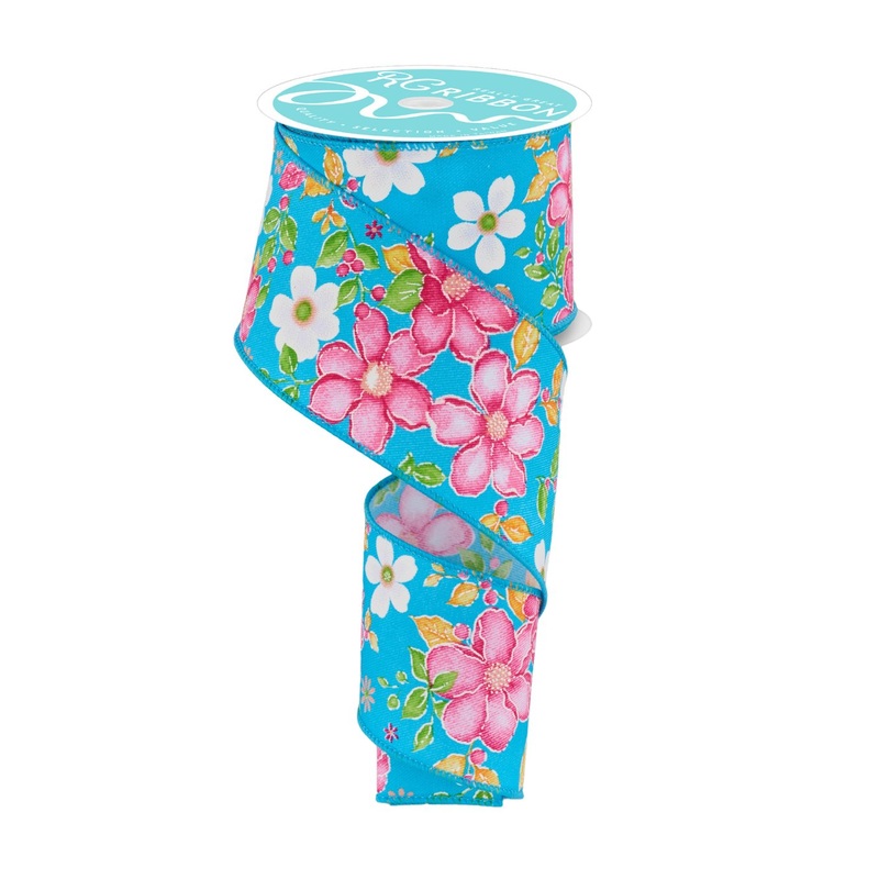 2.5" Watercolor Flowers Ribbon: Turquoise/Pink - 10yds