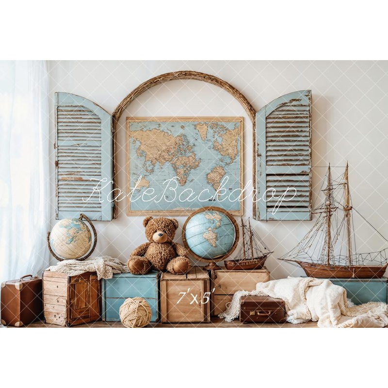 Kate Travel Adventure Map Globe Nautical Backdrop Designed by Emetselch Microfiber (Printed) 7x5ft - small kids sitting / cake smash