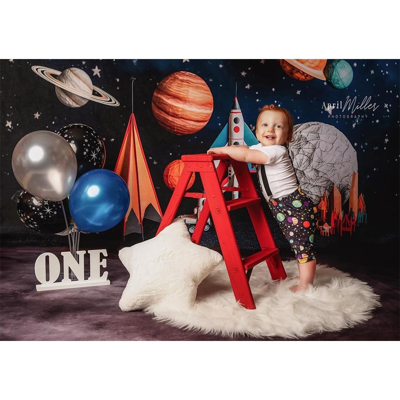 Kate Astronaut Universe Rocket Cake Smash Birthday Backdrop for Photography 7x5ft - small kids sitting / cake smash Microfiber (Printed)