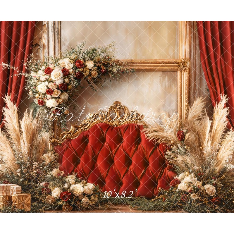 Kate Christmas Floral Red Upholstered Headboard  Backdrop Designed by Emetselch Microfiber (Printed) 7x5ft - small kids sitting / cake smash