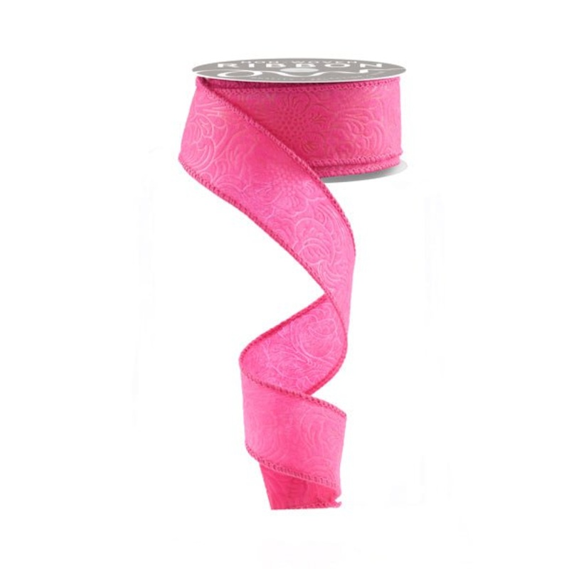 1.5" Embossed Flower/Leaves Ribbon: Hot Pink - 10yds
