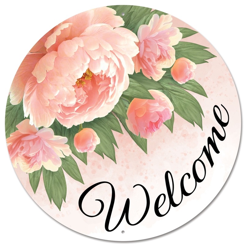 12" Metal Welcome Peonies Sign