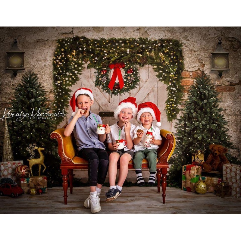 Kate Christmas Backdrop Brick Wall Door & Xmas Trees Designed By JS Photography Microfiber (Printed) 7x5ft - small kids sitting / cake smash