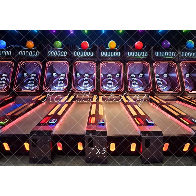 Kate Arcade Skee Ball Lanes Neon Lights Backdrop Designed by Mini MakeBelieve Microfiber (Printed) 7x5ft - small kids sitting / cake smash