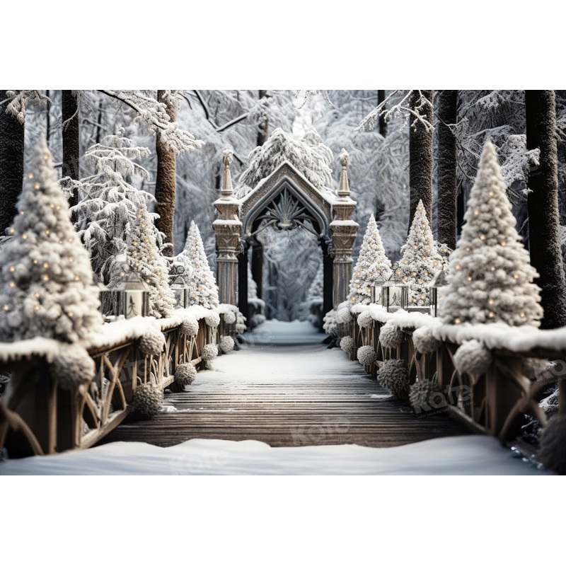 Kate Winter Christmas Outdoor Wooden Path Forest Tree Backdrop for Photography 7x5ft - small kids sitting / cake smash Microfiber (Printed)