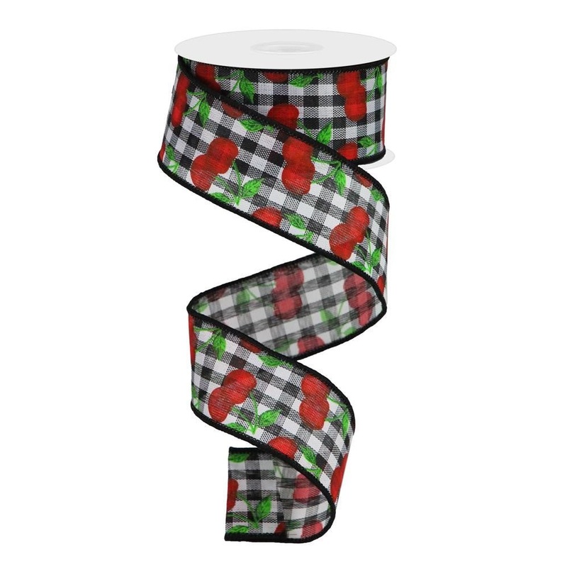 1.5" Cherry Print Ribbon: Blk/Wht Gingham - 10yds