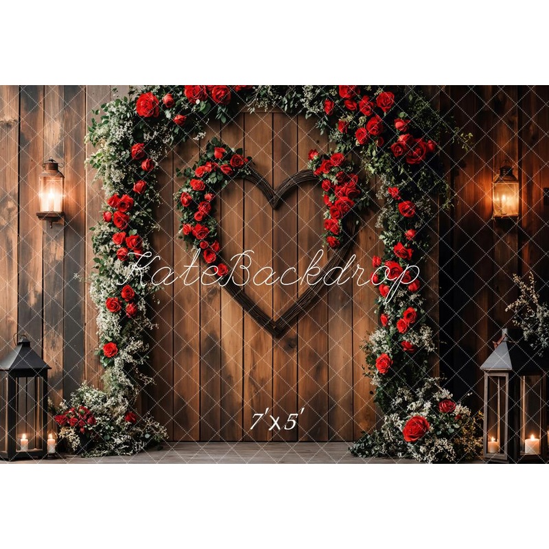 Kate Valentine Heart Rose Arch Wooden Backdrop Designed by Emetselch Microfiber (Printed) 7x5ft - small kids sitting / cake smash