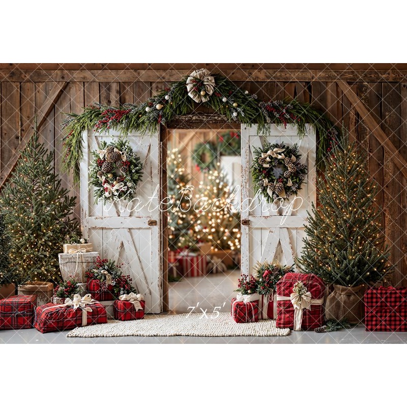 Kate Christmas Barn Doors Pine Trees Plaid Gifts Rustic Backdrop Designed by Emetselch Microfiber (Printed) 7x5ft - small kids sitting / cake smash