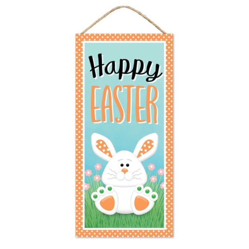 12.5" Happy Easter w/ Playful Bunny Sign: Orange/Turquoise