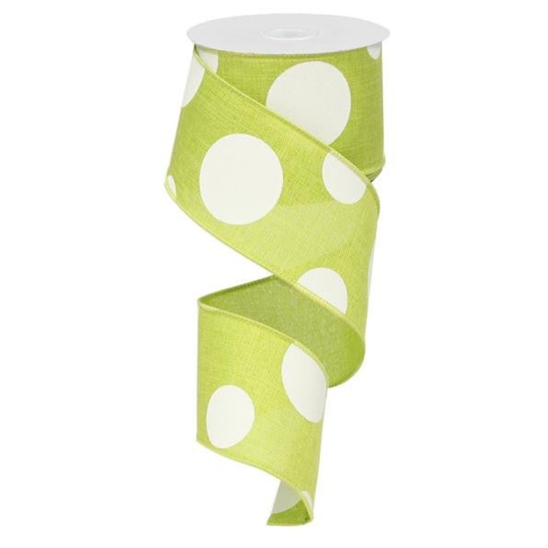 2.5" x 10yd Linen Giant Dot Ribbon: Lime Green/White