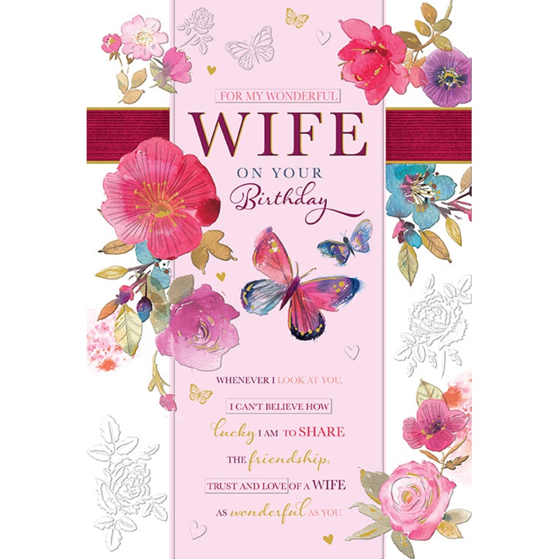 Wife Birthday Card - Classic Butterfly & Flowers Design