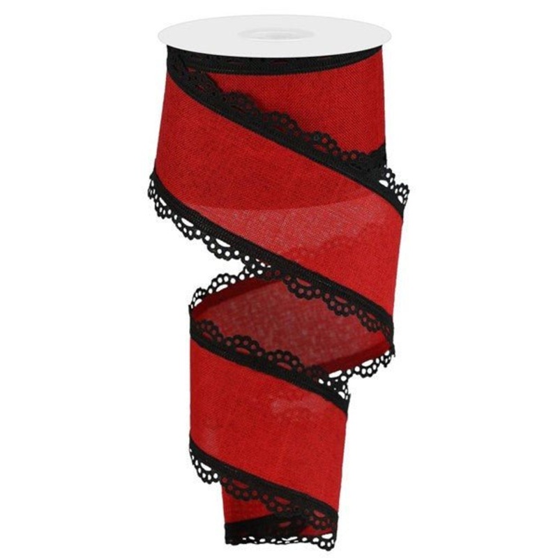 2.5" Scalloped Edge Linen Ribbon: Red/Black