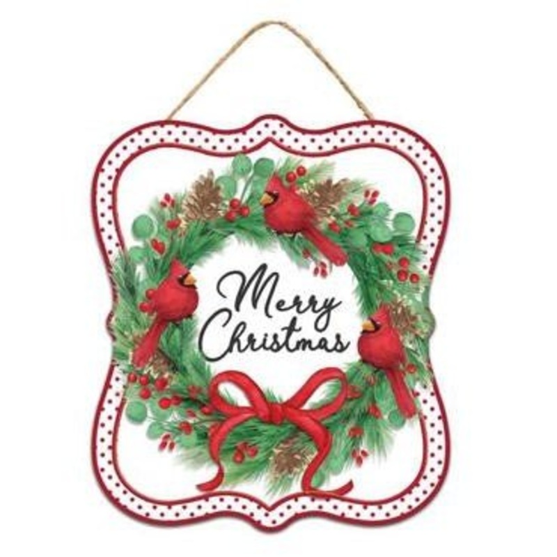 7" Christmas Cardinals Sign: Wreath