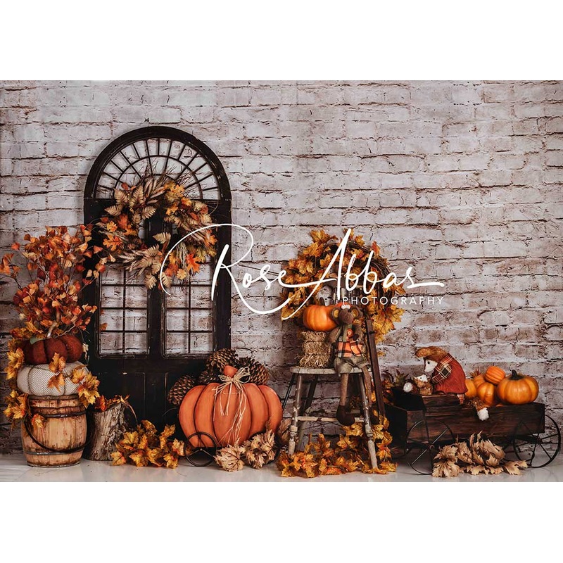Kate Autumn Pumpkin Backdrop Door Brick Wall Designed By Rose Abbas 5x3ft - newborns and babies Microfiber (Printed)