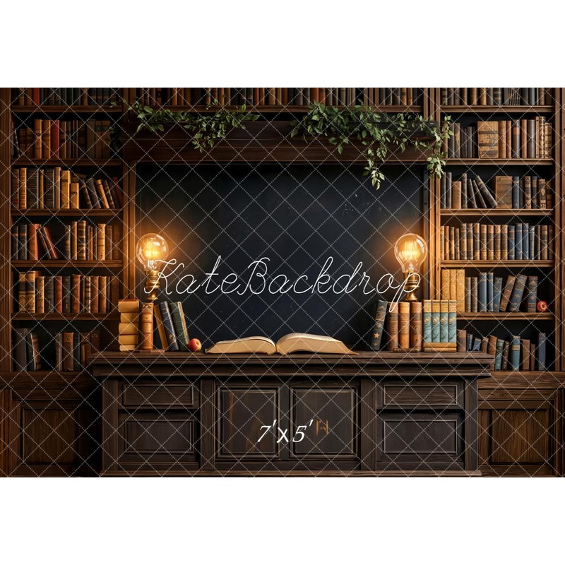 Kate Back To School Bookshelf Desk Lights Backdrop Designed by Emetselch Microfiber (Printed) 7x5ft - small kids sitting / cake smash