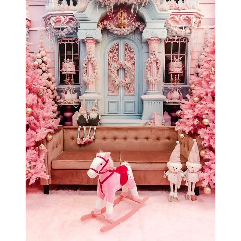 Kate Winter Christmas Pink House with Blue Door Backdrop Designed by Emetselch 7x5ft - small kids sitting / cake smash Microfiber (Printed)