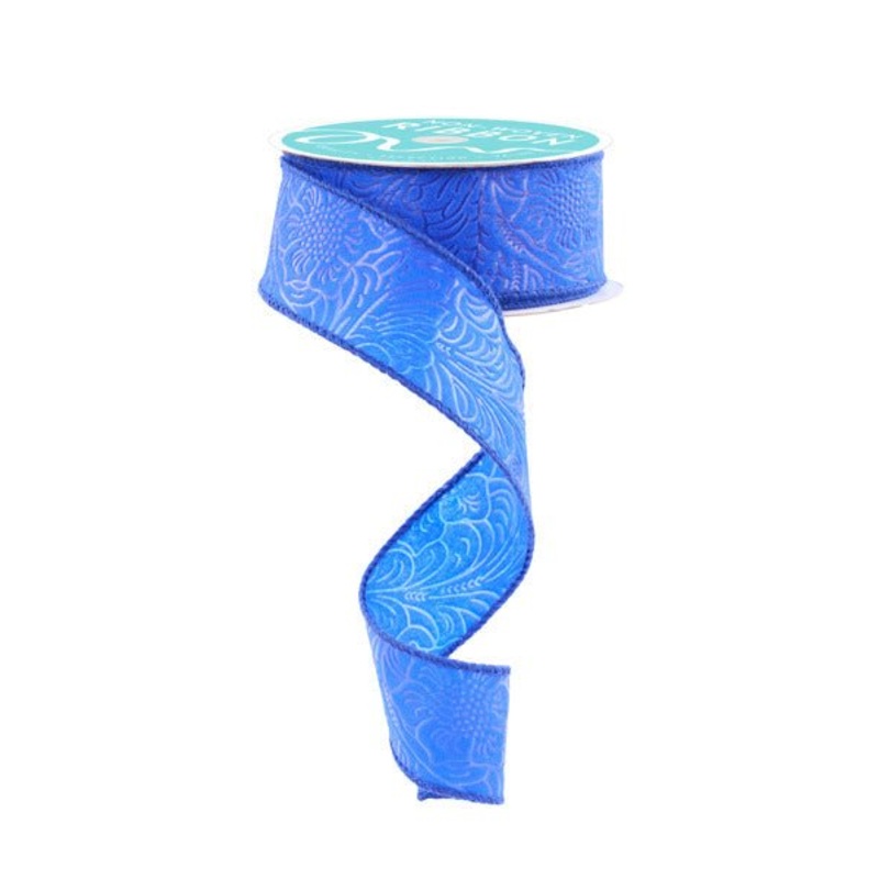 1.5" Embossed Flower/Leaves Ribbon: Royal Blue - 10yds