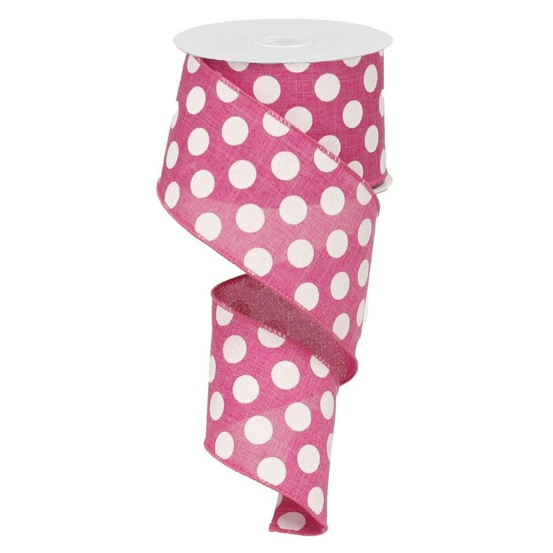 2.5" x 10yd Linen Polka Dot Ribbon: Fuchsia/White