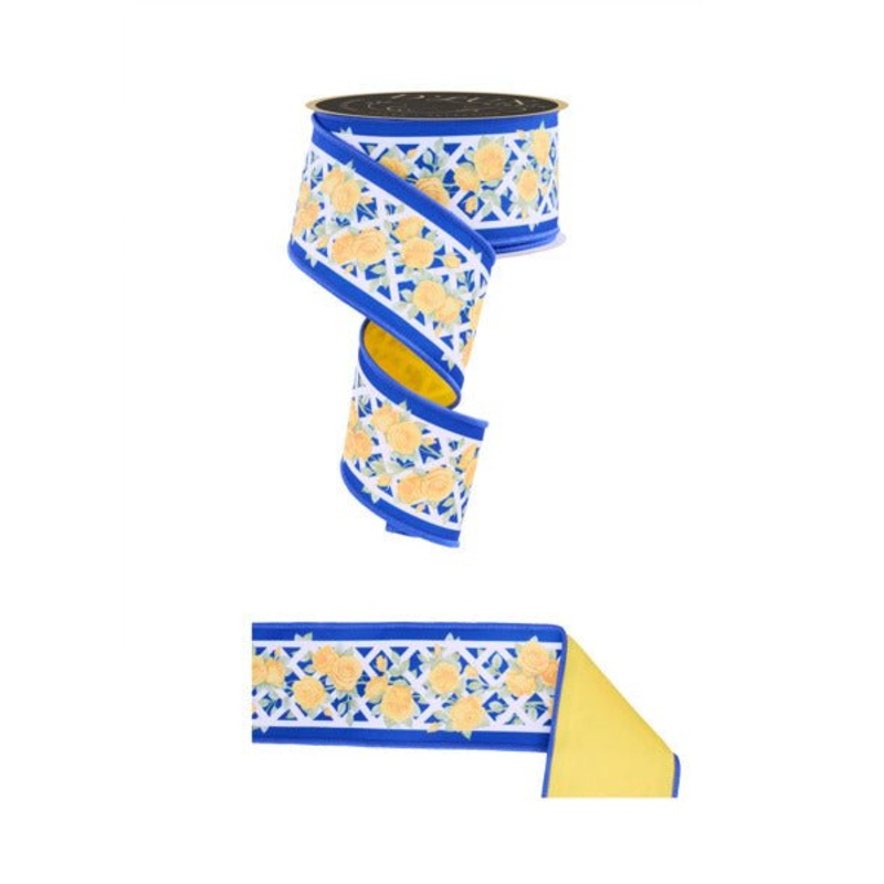 2.5" Rose Trellis Fused Back Ribbon: Blue/Yellow/White  - 10yds