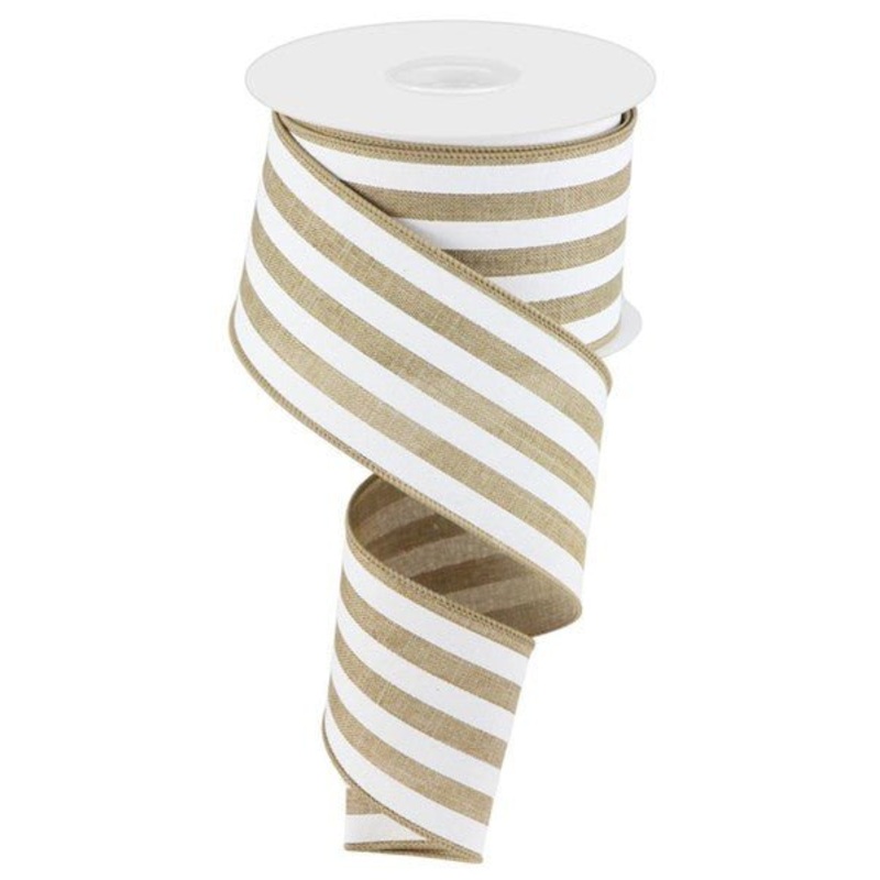 2.5" Vertical Stripe Ribbon: Lt Beige/White