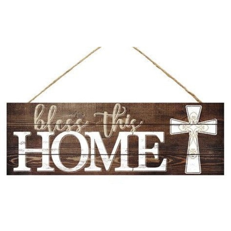 15" Bless This Home Sign: Brown/White