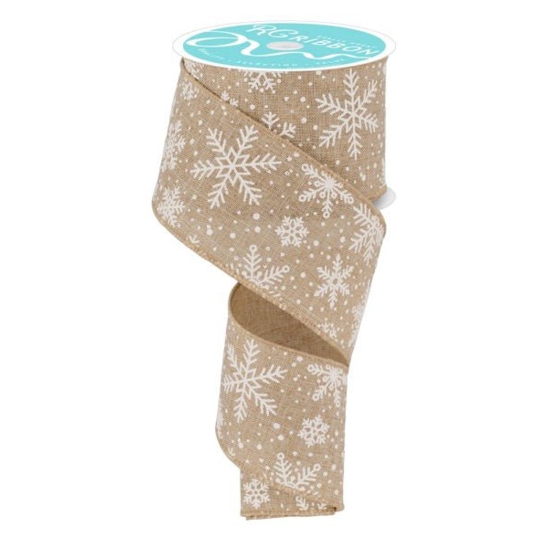 2.5" Snowflakes on Linen Ribbon: Buff - 10yds