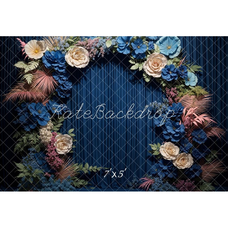 Kate Artistic Blue Flower Curtain Backdrop Designed by Emetselch 7x5ft - small kids sitting / cake smash Microfiber (Printed)