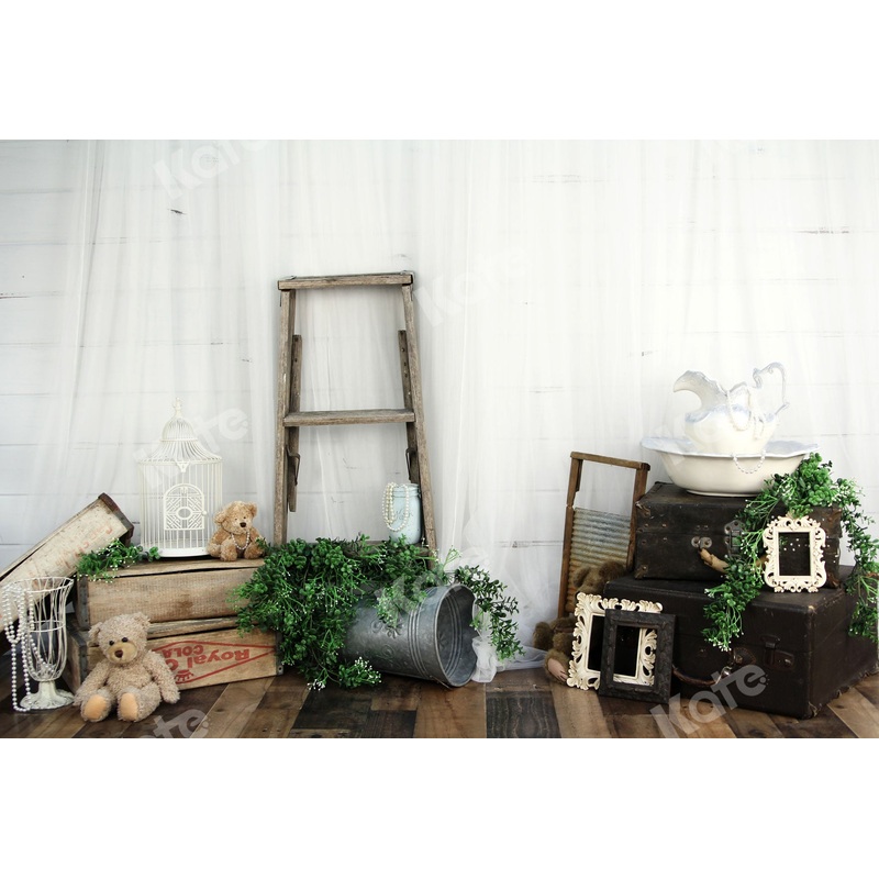 Kate Wooden Ladder Backdrop White Bucket Little Bear Designed By Arica Kirby 5x3ft - newborns and babies Microfiber (Printed)