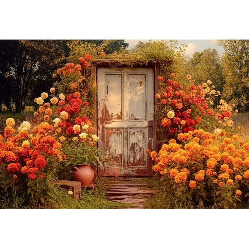 Kate Autumn Door in Floral Field Backdrop for Photography 7x5ft - small kids sitting / cake smash Microfiber (Printed)