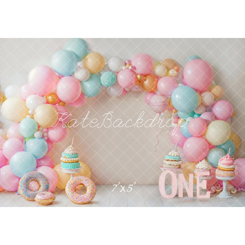 Kate Cake Smash Donut Pastel Balloon Arch Backdrop Designed by Emetselch Microfiber (Printed) 7x5ft - small kids sitting / cake smash