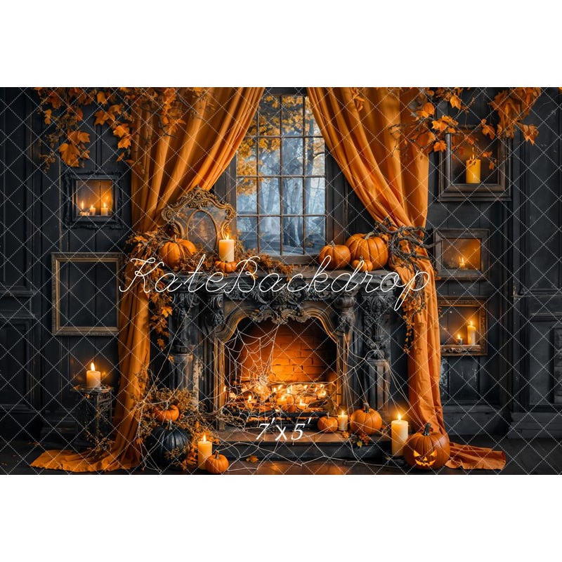 KBPA 2025 Kate Halloween Pumpkin Orange Curtain Black Fireplace Backdrop Designed by Emetselch 7x5ft - small kids sitting / cake smash Microfiber (Printed)