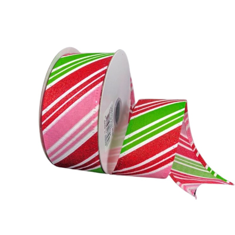 1.5" Diagonal Stripe Ribbon: Pink/Lime/Red/White - 10yds