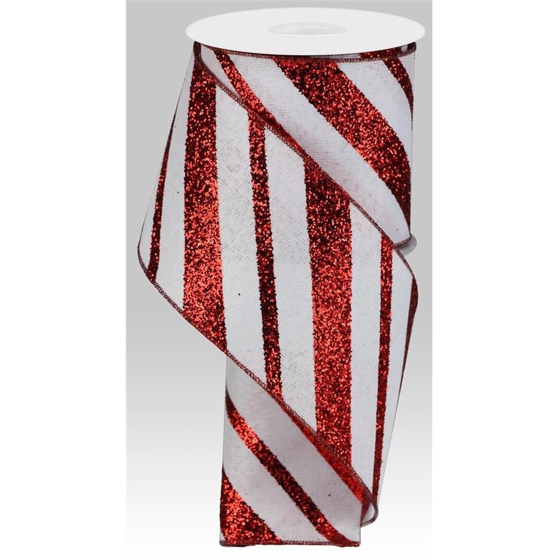 4" Diagonal Glitter Stripe Ribbon: White/Red - 10yds