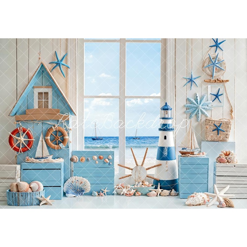 Kate Cake Smash Nautical Beach Lighthouse Starfish Backdrop Designed by Emetselch Microfiber (Printed) 7x5ft - small kids sitting / cake smash