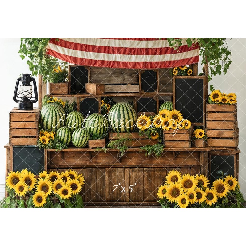 Kate Summer Sunflower Watermelon Wood Crates Backdrop Designed by Emetselch Microfiber (Printed) 7x5ft - small kids sitting / cake smash