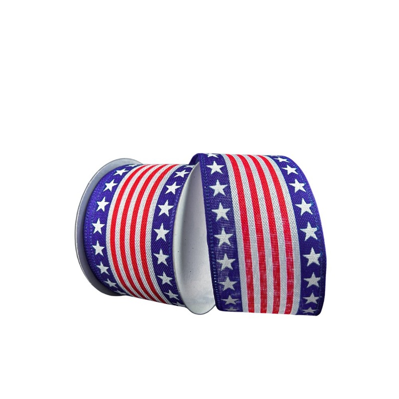 2.5" Red/White Cabana Stripe w/ Blue Star Edges Ribbon - 10yds