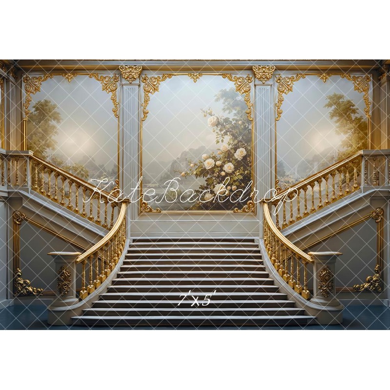 Kate Architecture Cascading Stairs Gold Ornate Floral Wall Backdrop Designed by Mini MakeBelieve Microfiber (Printed) 7x5ft - small kids sitting / cake smash