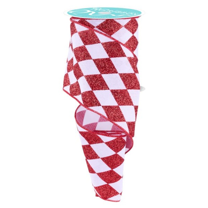4" Glitter Harlequin Ribbon: Red/White - 10yds