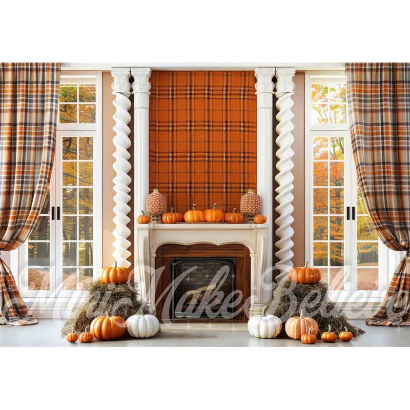 Kate Autumn Indoor Red Brown Plaid White Retro Column Fireplace Pumpkin Backdrop Designed by Mini MakeBelieve 7x5ft - small kids sitting / cake smash Microfiber (Printed)