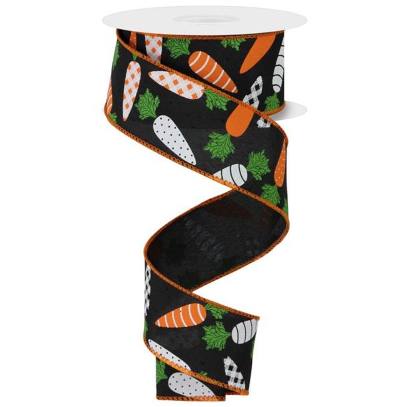 1.5" Patterned Carrots Ribbon:  Black - 10yds