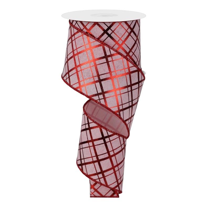 2.5" Thick/Thin Diagonal Check Ribbon: Pale Pink/Red - 10yds