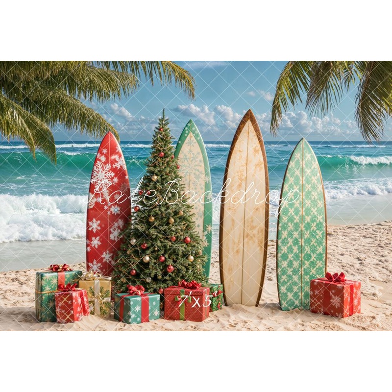 Kate Christmas Beach Surfboards Gifts Backdrop Designed by Emetselch Microfiber (Printed) 7x5ft - small kids sitting / cake smash
