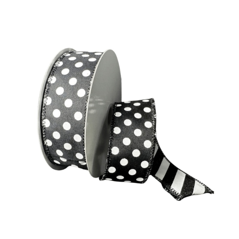 1.5" Double Sided Polka Dot and Stripe Ribbon: Black/White - 10yds