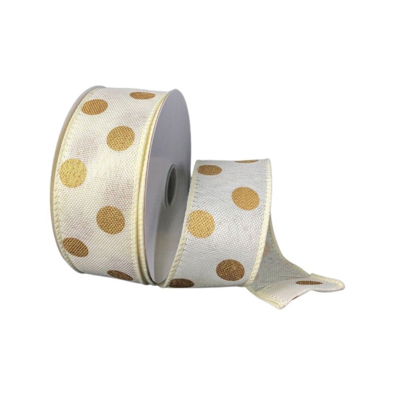 1.5" Ivory Gold Dot Linen Ribbon - 10yds