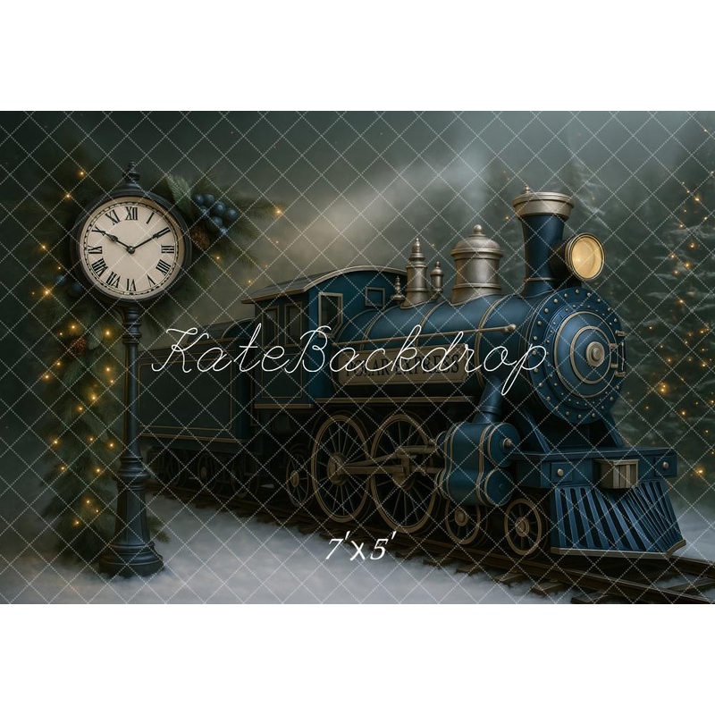 Kate Winter Polar Train Clock Backdrop Designed by Ashley Paul Microfiber (Printed) 7x5ft - small kids sitting / cake smash