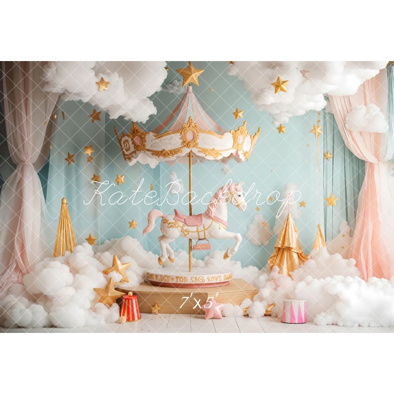 Kate Cake Smash Carousel Fantasy Cloud Backdrop Designed by Emetselch Microfiber (Printed) 7x5ft - small kids sitting / cake smash